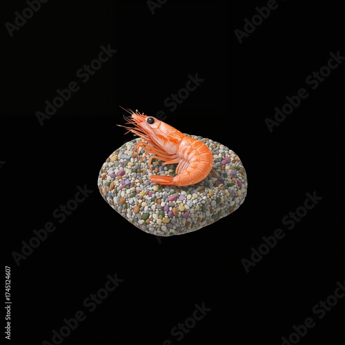 A vibrant orange shrimp resting on a smooth, multicolored stone, against a black backdrop