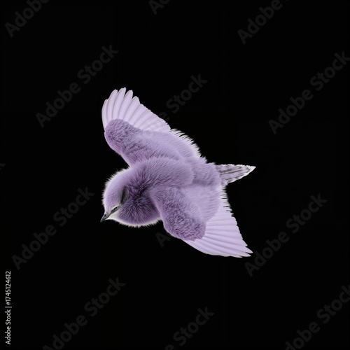 A vibrant purple bird in mid-flight against a black background, showcasing its delicate features and motion