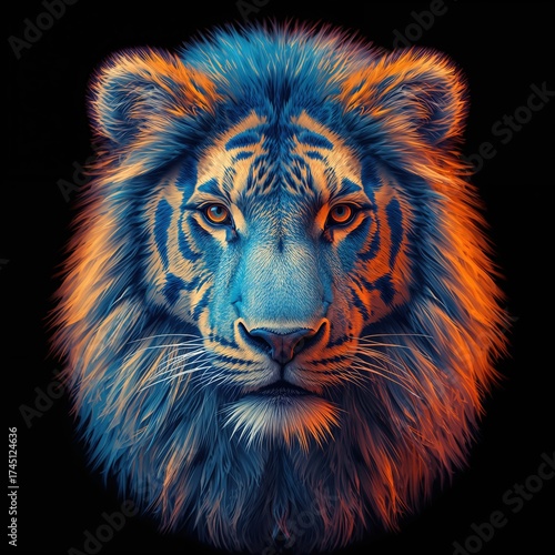 A stunning digital illustration of a lion's head, showcasing vibrant blue and orange hues against a black background