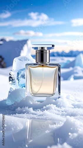 Perfume bottle in snowy arctic scene