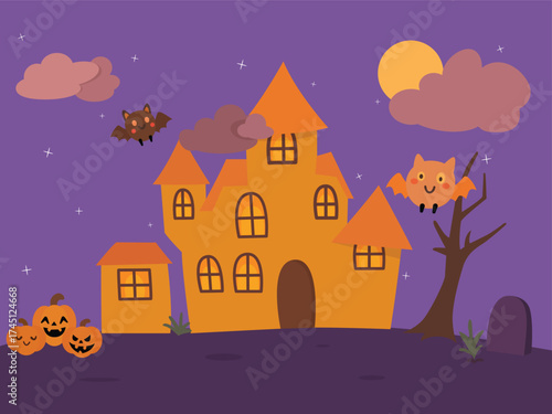 Cute Halloween Night Illustration with Haunted House, Pumpkins, Bats, and Full Moon