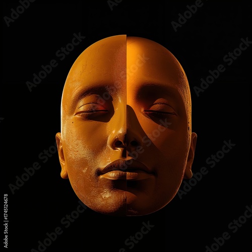Artistic representation of a serene human face split in half, illuminated with soft, warm golden tones against a dark background