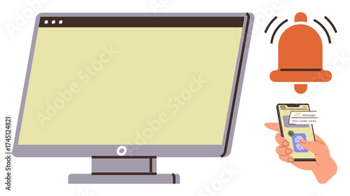 Desktop monitor, active smartphone showing messages, and ringing alarm bell sign. Ideal for technology, communication, alerts, notifications, online activity, multitasking simple flat metaphor