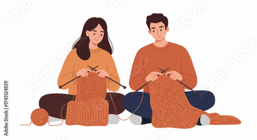 An illustration of a young couple sitting cross-legged together, both focused on knitting with orange wool.