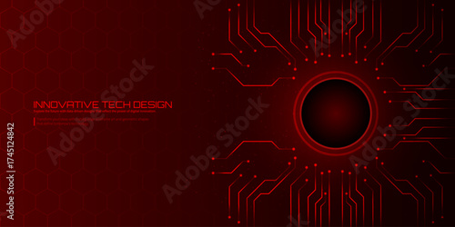 Futuristic Red Circuit Board Background with Central Core and Glowing Tech Lines