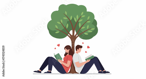 A young couple sits back-to-back under a large green tree, reading books with small red love hearts floating around them.