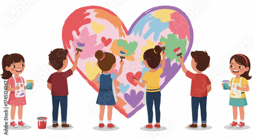 A diverse group of children joyfully painting a large, colorful heart, symbolizing love and unity.