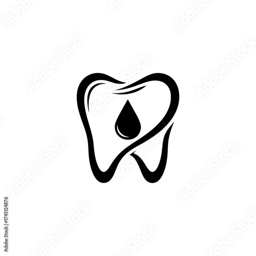 A dental logo with a tooth shape and a drop inside in black and white