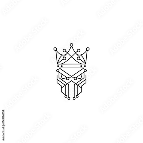 A minimalist design with a crown above a circuit-board-like form, on a white background