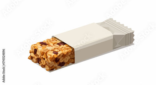 A single granola bar, rich in oats and nuts, partially unwrapped from its plain packaging, presented on a white background.