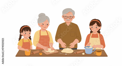 A loving multigenerational family, including grandparents and two young girls, joyfully baking together, kneading dough and preparing ingredients on a wooden countertop.