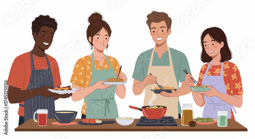 A diverse group of four friends, two men and two women, joyfully preparing and tasting a delicious meal together in a kitchen setting, surrounded by ingredie...