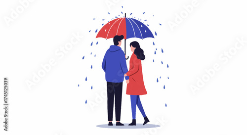 A couple stands closely together under a red and blue umbrella as raindrops fall around them, symbolizing shared protection and companionship during inclement weather.