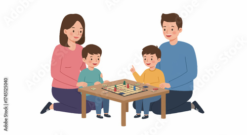 A happy family of four, parents and two young sons, are gathered around a small wooden table playing a colorful board game together.