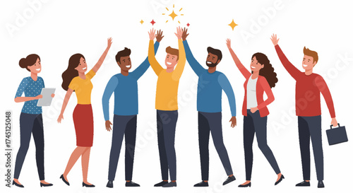 A diverse group of professionals celebrating success with high fives and smiles, showcasing teamwork and positive collaboration in a bright, modern setting.
