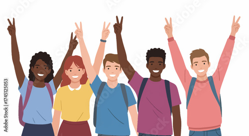 Diverse group of smiling young students raising victory signs in a display of unity and success.