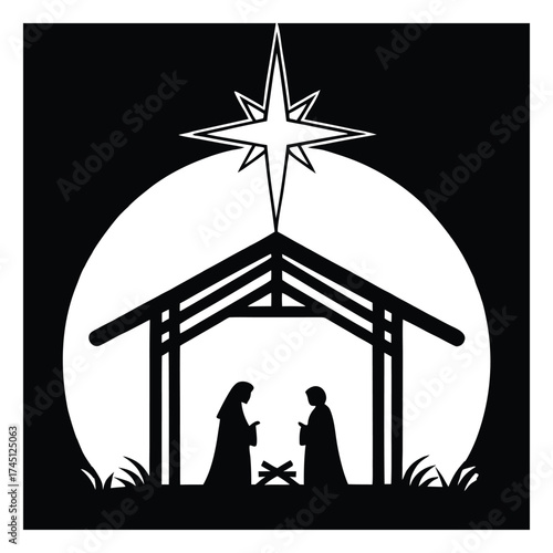 A black silhouette of a nativity scene