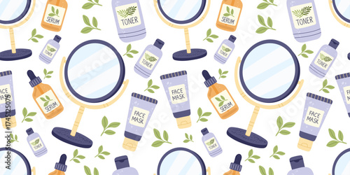 Face care seamless pattern with serum bottles, toner, face mask, and cosmetic mirror. Skincare, girl routine, morning routine, and daily beauty self-care. Perfect for spa packaging, cosmetic branding,