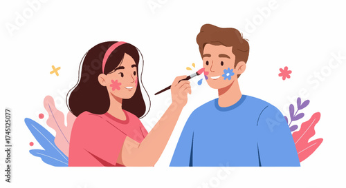 A smiling woman applies colorful face paint to a man's cheek with a brush, surrounded by decorative elements.