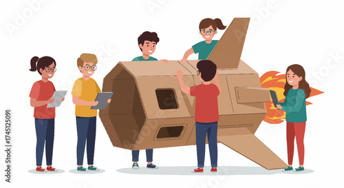 Children collaboratively building a large cardboard spaceship with enthusiasm, fostering creativity and teamwork.