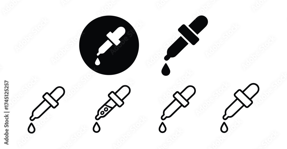 Obraz premium Dropper icon set – solid and outline black symbols with droplet for medical, lab, skincare, UI design, pharmacy and scientific use