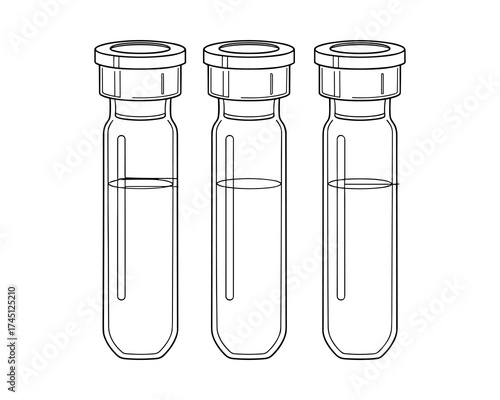 Three glass vials filled with liquid. Isolated illustration for chemical or medical use.