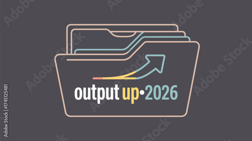 A stylized folder icon with the words output up period and the year twenty twenty six on a gray background
