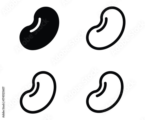 Kidney bean icon set – solid and outline black silhouettes with seam detail for food, nutrition, agriculture, UI design and branding use