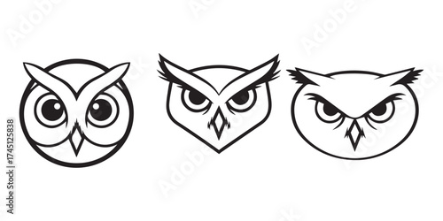 black and white silhouette outline owl art logo design set