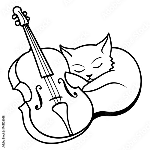Charming cat sleeps peacefully nestled against a cello, in a monochrome design