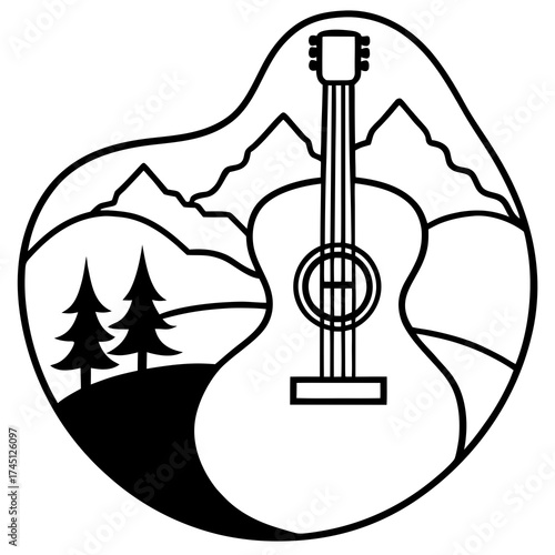 Acoustic guitar silhouette against a mountain landscape, music in nature concept
