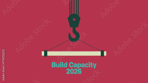 A crane hook lifting a horizontal beam with a red background and build capacity text overlayed below it