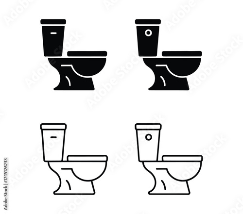 Toilet icon set in solid and outline styles – minimalist black bathroom symbols for signage, UI design, public space and hygiene use 