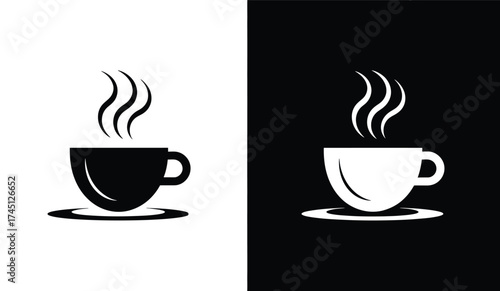 Coffee cup icon set – stylized black and white steaming mugs with contrast backgrounds for café branding, morning rituals, and cozy design