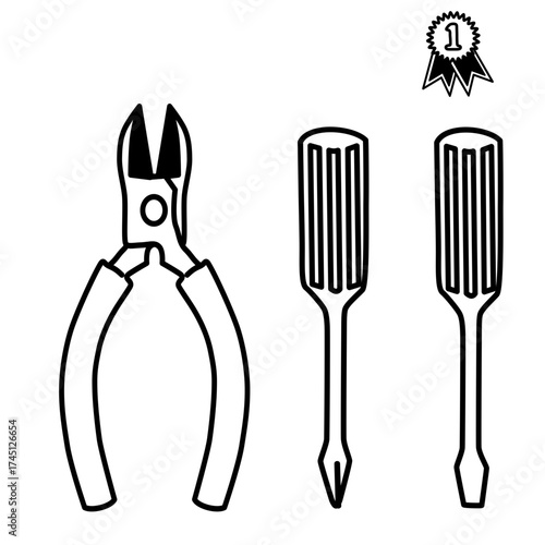 Wire Cutter Plier with Phillips and Flathead (Plus and Minus) Screwdrivers and Rosette in Retro Black & White Vector Style Representing High Quality Hand Tools for Electrical, Wire Work, and Repair