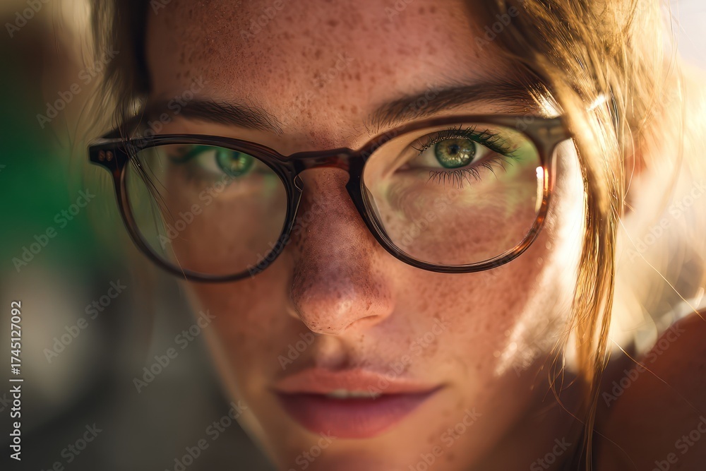 Fototapeta premium Freckled woman green eyes heavy-rimmed glasses sunlight