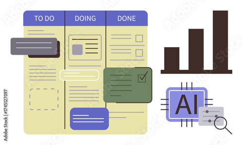 Task management board featuring To Do, Doing, Done columns, AI chip with settings, and bar chart. Ideal for productivity, automation, data analysis, teamwork AI workflow optimization project