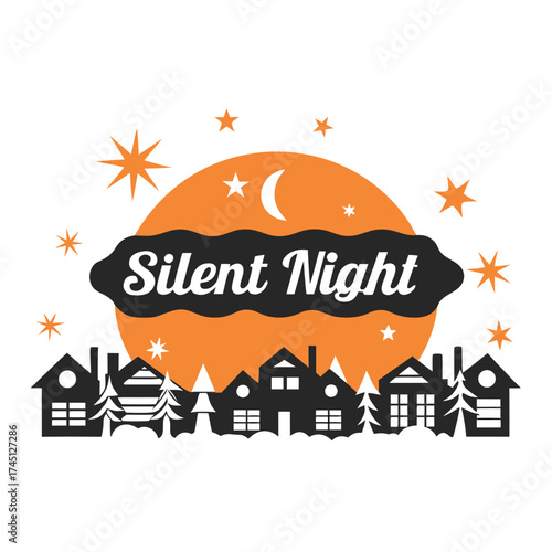 Festive Silent Night Scene with Village and Stars Holiday Design