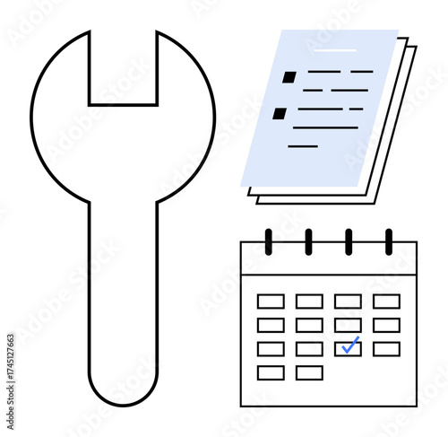 Wrench, task checklist, and calendar with marked date emphasize tools, scheduling, and organization. Ideal for maintenance, planning, deadlines, task management work efficiency organizing
