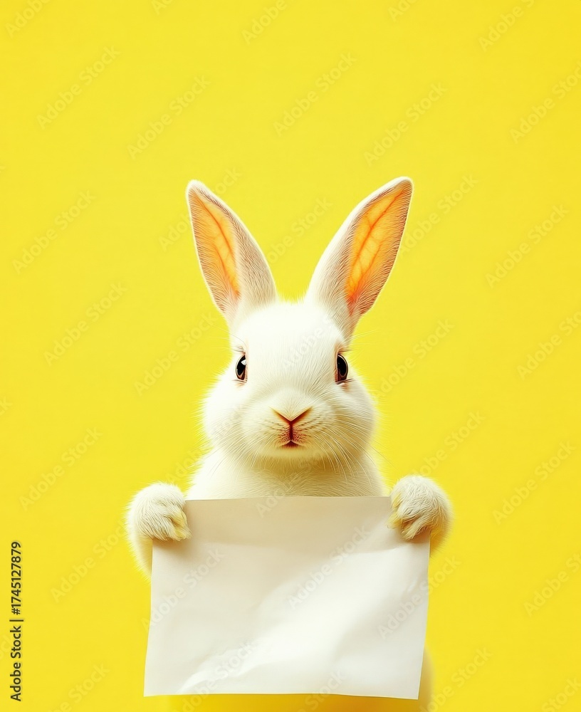 Obraz premium Adorable White Rabbit Holding Blank Sign