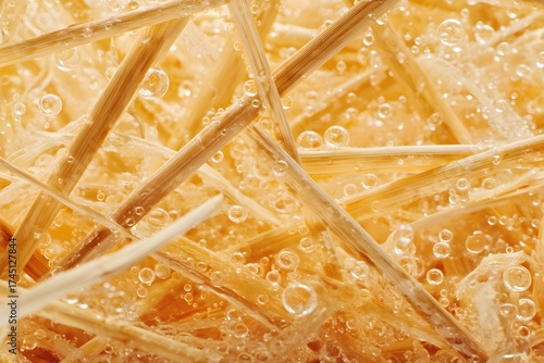 The image is of a bunch of wooden sticks with bubbles in between them. The bubbles are scattered all over the sticks, creating a unique and interesting texture. Scene is playful and whimsical