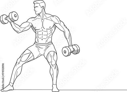 Fitness illustration, dumbbell exercise, muscular anatomy, strength training, bodybuilding art, workout drawing, bicep curl, gym posture, black and white,