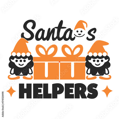 Festive Santa's Helpers Christmas Graphic Design with Gnomes and Gift