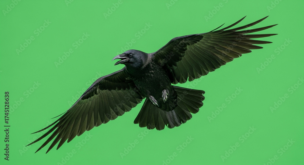 Fototapeta premium Majestic black crow soars with wings spread wide against a vibrant green backdrop showcasing natural flight dynamics and avian grace