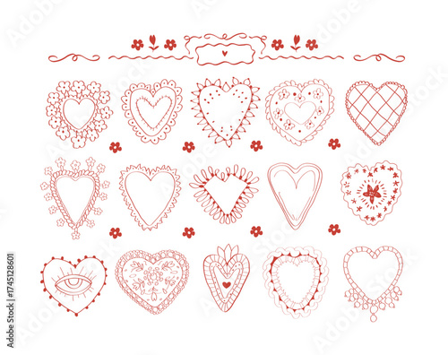 Love set of hand drawn doodle hearts and frames. Valentines day design elements.