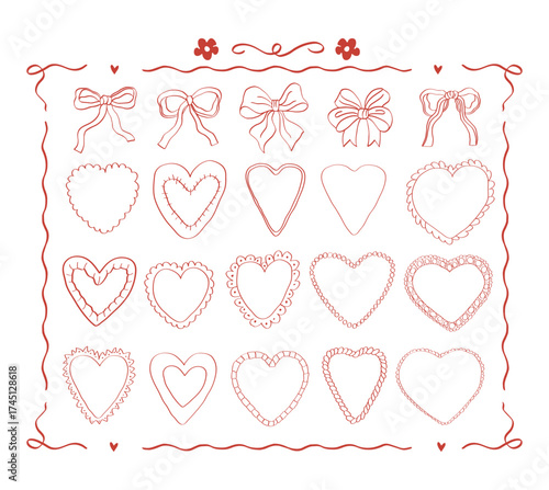 Set of hand drawn hearts, ribbons and bows. Romantic illustrations.