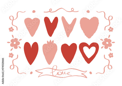 Love set of hand drawn hearts, flowers and ribbons. Valentines day.