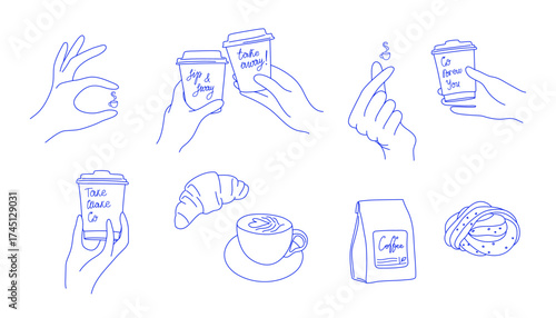 Coffee blue color set. Hand drawn vintage doodle drawing. Minimalist monochrome clip art with coffee, pastry, hands holding takeaway cups. Concept for coffee shop, bakery.