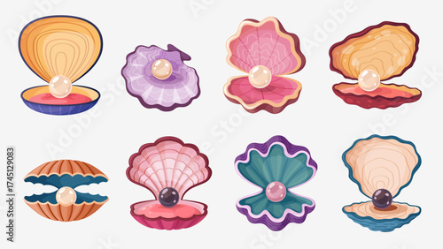 Cartoon scallop pearl shells or seashells open sea oysters with treasure jewelry, vector set. Scallop shells or mother pearl seashells with pearl balls for underwater fairy tale or undersea treasure