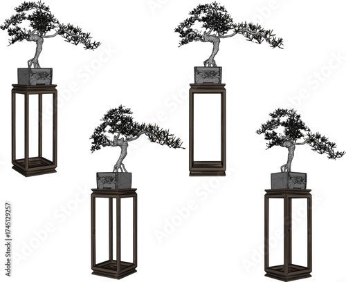Vector sketch illustration of decorative design of bonsai plants in pots to beautify the interior of the room and for ornamental plant hobbyists 